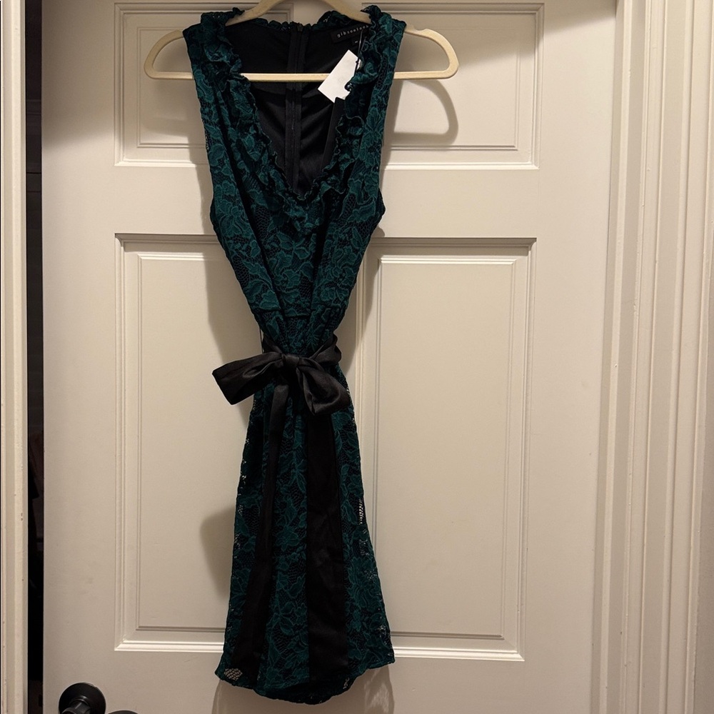 Gibson Teal Lace Midi Dress with Black Sash